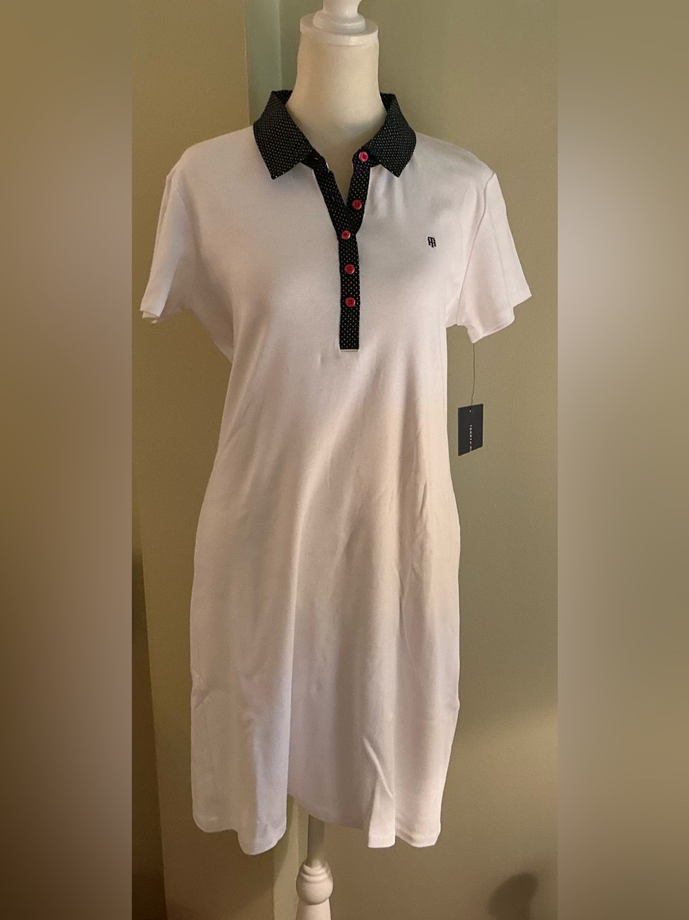 Tommy Hilfiger White Polo  Dress with Black, White Polka-Dot Collar Red Buttons